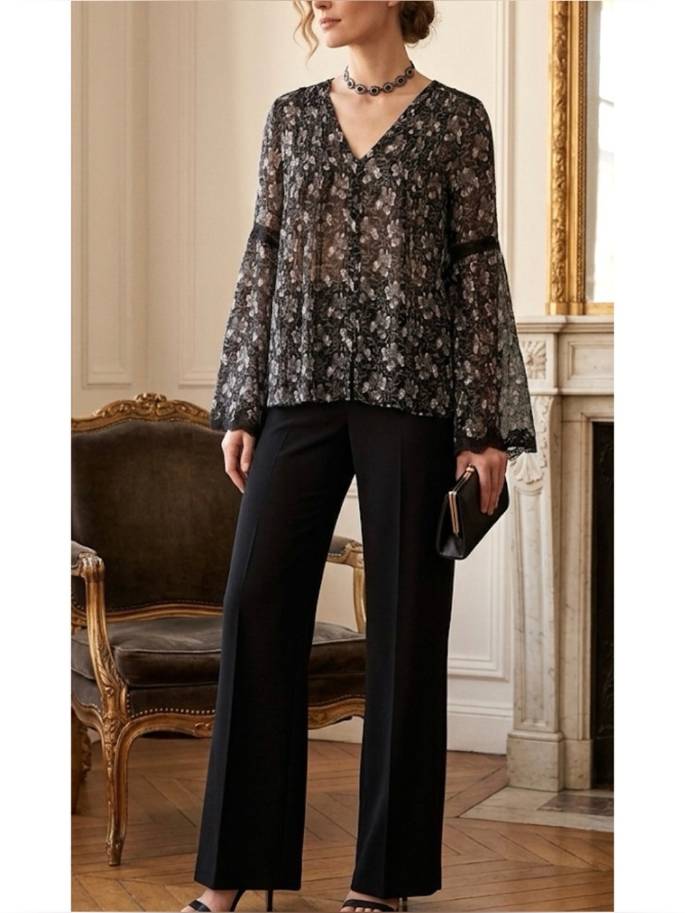 PAIGE SILK FLORAL BLOUSE STORM CLOUD CLIO BUTTON UP LACE BELL SLEEVES S {FITS M}